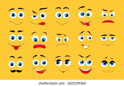Cute cartoon face expression set. Vector cute caricature emotions, face elements with eyes and mouths, modern characters. Funny exhausted sad angry happy expressions