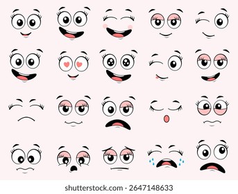 Cute cartoon face expressions set with various emotions on a soft pink background. Perfect for stickers, emojis, and kids' designs.