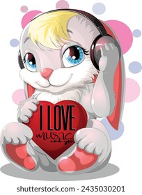 Cute cartoon face, female dog listening to music lovely stock vector. I love music and you. 