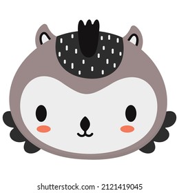 Cute cartoon face of owlet. Children's isolated illustration on a white background. For poster, kids clothes, nursery, sticker. Forest nocturnal bird head in Scandinavian style. Vector.