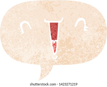 cute cartoon face with speech bubble in grunge distressed retro textured style