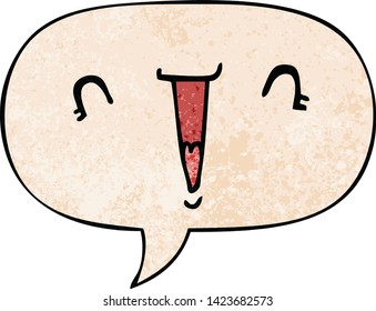 cute cartoon face with speech bubble in retro texture style