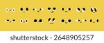 Cute cartoon faces collection. Simple smiling expressions, funny eyes and mouths for emoji design, kids graphics, stickers or characters. Flat vector icons on yellow background.