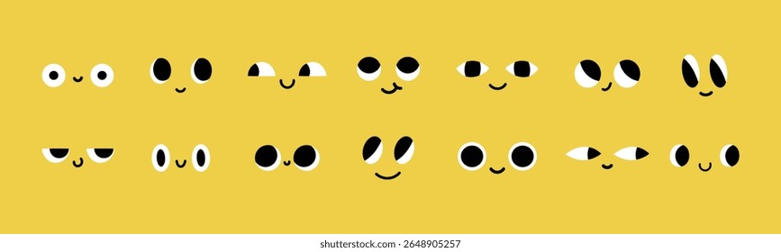Cute cartoon faces collection. Simple smiling expressions, funny eyes and mouths for emoji design, kids graphics, stickers or characters. Flat vector icons on yellow background.