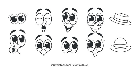 Cute Cartoon Faces With Different Expressions Showcasing Joy, Surprise, And Playfulness. Black And White Drawing