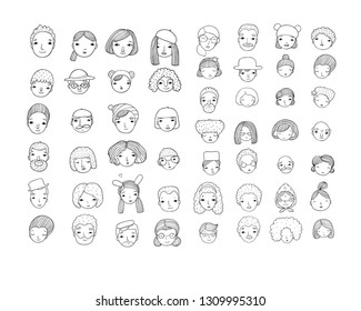 Cute cartoon faces. different nationalities. Avatars of people. Coloring book