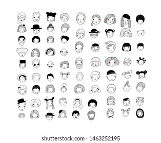 Cute cartoon faces. different nationalities. Avatars of people. Coloring book 