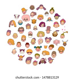 Cute cartoon faces. different nationalities. Avatars of people.