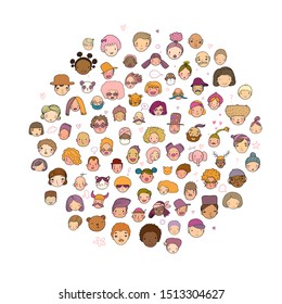 Cute cartoon faces. different nationalities. Avatars of people
