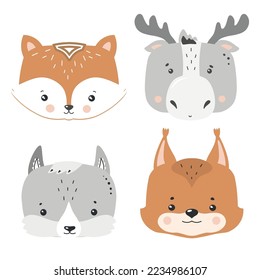 Cute cartoon faces of forest animals.