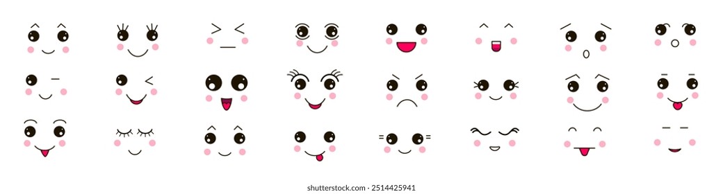 Cute cartoon faces. Set of emoticon icons. Smiling mouth, winking eyes, surprised facial expression. Funny cartoon emotional character.   Vector.
