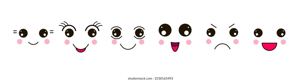 Rostos de desenhos animados bonitos. Conjunto de ícones de emoticon. Boca sorridente, olhos piscando, expressão facial surpresa. Engraçado personagem emocional de desenho animado.   Vetor.
