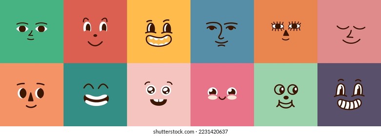 Cute cartoon faces vector mascot. Retro emotional face, diverse square emotions design. Positive trendy characters, abstract funny elements