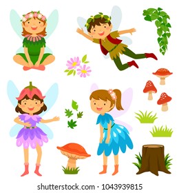 Cute cartoon fairies of both genders together with mushrooms and decorative elements