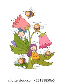 Cute cartoon fairies and bumblebees. Little flower girls with wings. Forest gnomes. Bell flower.