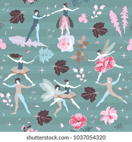 Cute cartoon fairies and elves with leaves and flowers on green striped background. Musical notes, stars, petals, roses. Beautiful vector illustration. Seamless print for fabric, paper, wallpaper.