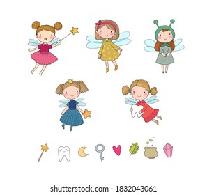 Cute cartoon fairies. Fairy elves. Childrens illustration. tooth Fairy