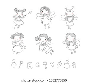 Cute cartoon fairies. Fairy elves. Childrens illustration. tooth fairy