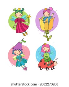 Cute cartoon fairies. Flower elves. Fairy tale characters. Colored set with girls with wings flying in flowers. Childrens illustration.