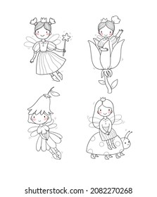 Cute cartoon fairies. Flower elves. Fairy tale characters. Set with girls with wings flying in flowers. Hand drawn outline doodle sketch, black and white vector. Illustration for coloring book