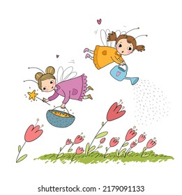 Cute cartoon fairies are flying over the flowers.Little girls. Vector