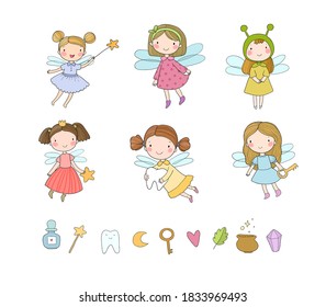 Cute cartoon fairies. Forest elves. Children's illustration. tooth Fairy. 
cute cartoon girls princesses with wings. 