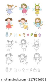 Cute cartoon fairies. Forest elves.  Tooth Fairy. 
Cute cartoon girls princesses with wings. Illustration for coloring books. Monochrome and colored versions.