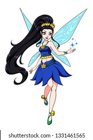 Cute cartoon fairy with black long hair and blue wings. Blue dress with flowers. Hand drawn vector illustration. Can be used for games, children books, cards, etc. 