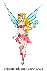 Cute cartoon fairy with blonde hair and blue wings. Pink dress. Hand drawn vector illustration. Can be used for games, children books, cards, etc. 