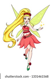 Cute cartoon fairy with blonde long hair and yellow wings. Pink dress with red flowers. Hand drawn vector illustration. Can be used for games, children books, cards, etc. 