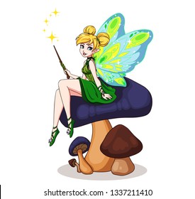 Cute cartoon fairy with butterfly wings sitting on flower. Girl with blonde buns wearing green dress. Hand drawn vector illustration.  Can be used for children mobile games, books etc.