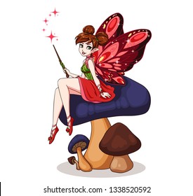 Cute cartoon fairy with butterfly wings sitting on mushroom. Girl with brown buns wearing red dress. Hand drawn vector illustration.  Can be used for children mobile games, books etc.