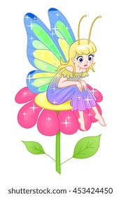Cute cartoon  fairy with butterfly wings sitting on the flower. 