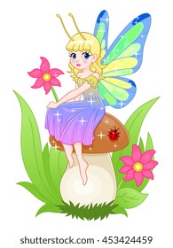 Cute cartoon  fairy with butterfly wings sitting on the mushroom. 