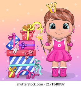 A cute cartoon fairy with a crown and a magic wand stands next to the gifts. Festive vector illustration on a colorful background with dots.