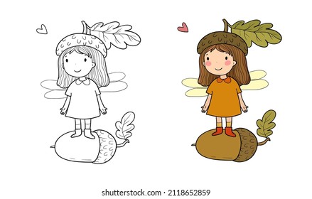 Cute cartoon fairy dressed like an acorn. Elves princesses with wings. little girl. Illustration for coloring books. Monochrome and colored versions. Worksheet for children and adults