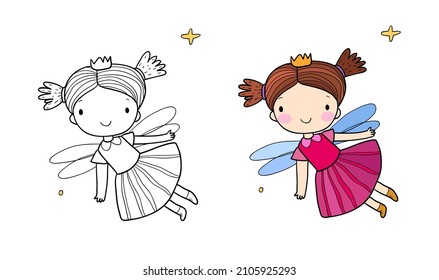 cute cartoon fairy. Elves princesses with wings. little girl. Illustration for coloring books. Monochrome and colored versions. Worksheet for children and adults