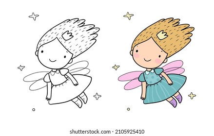 cute cartoon fairy. Elves princesses with wings. little girl. Illustration for coloring books. Monochrome and colored versions. Worksheet for children and adults