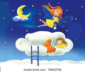 Cute cartoon fairy flies flying against the background of the starry sky above a little girl sleeping on a cloud