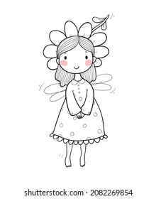 Cute cartoon fairy. Flower elf. Little girl with wings. Children's illustrations. Illustration for coloring books  