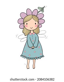Cute cartoon fairy. Flower elf. Little girl with wings. Children's illustrations 