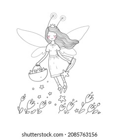 Cute cartoon fairy. Flower elf. Little girl with wings. Black and white outline. Illustration for coloring book