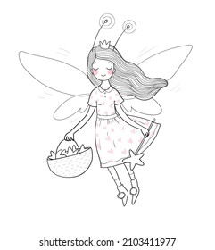 Cute cartoon fairy. Flower elf. Little girl with wings. Coloring book