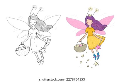 Cute cartoon fairy. Flower elf. Little girl with wings.  Illustration for coloring books. Monochrome and colored versions.