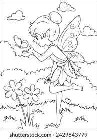 Lindo hada de dibujos animados con flores y mariposas Dibujo para colorear para niños