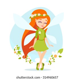 Cute cartoon fairy flying in flowers. Elf cartoon girl. Vector illustration