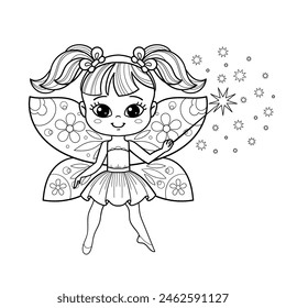 Cute cartoon fairy girl with butterfly wings and a magic wand. Black and white linear drawing. Isolated on a white background. For children's design of coloring books, prints, posters, cards, stickers