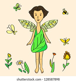Cute cartoon fairy girl wearing green dress composition, vector