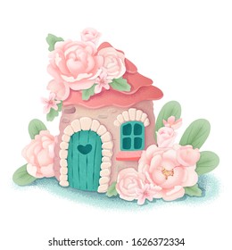 Cute cartoon fairy house with peony flowers