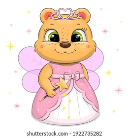 A cute cartoon fairy in a pink dress is holding a magic wand. Vector illustration of a bear on a white background with stars.